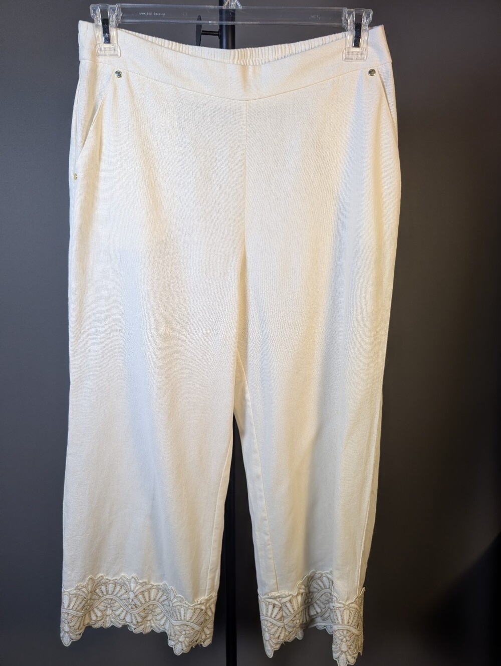 Anne Klein Cream Linen Blend Straight Leg Ankle Pants Lace Hem Size M A-244 - Picture 3 of 10